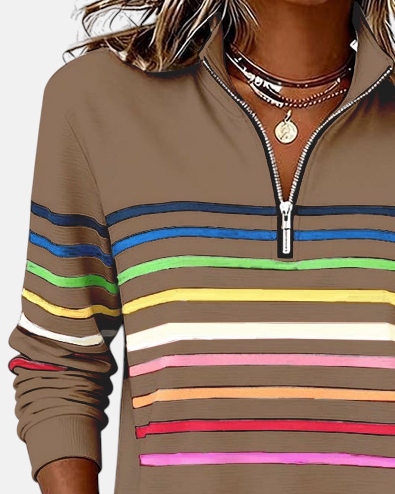 Khaki rainbow-striped quarter-zip sweatshirt with contrast stripe bands