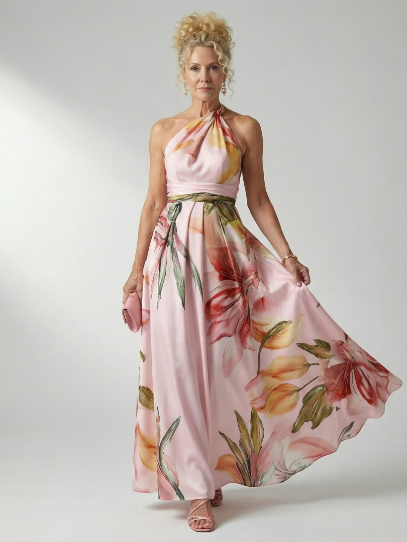 Pink floral halter maxi dress with draped tie neck, belted waist and full skirt