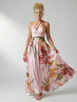 Pink floral halter maxi dress with draped tie neck, belted waist and full skirt