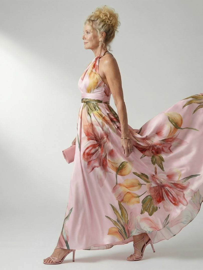 Pink floral halter maxi dress, back-side view with flowing skirt and long drape