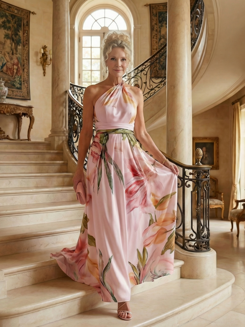 Pink halter maxi dress with multicolor floral print and side drape