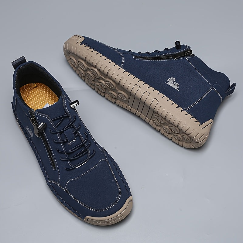 Navy ergonomic support sneakers with lace-up front and side zipper