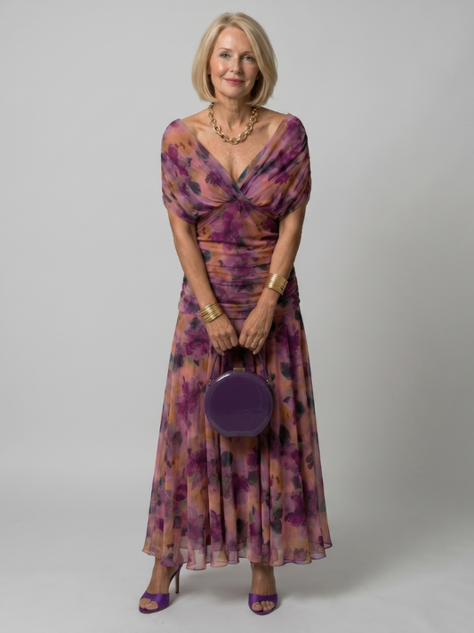 Off-shoulder flowing midi dress in purple and fuchsia floral tie-dye print