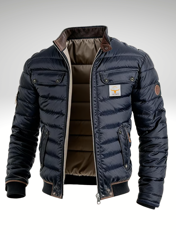 Navy quilted mid-season jacket with zip, stand collar, snap chest pockets, brown lining
