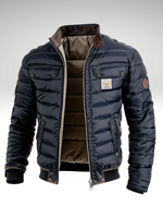 Navy quilted mid-season jacket with zip, stand collar, snap chest pockets, brown lining