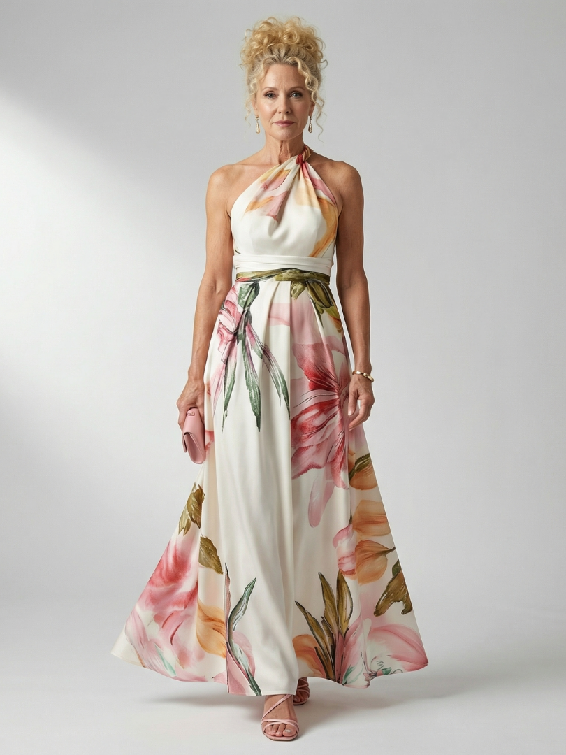 Floral halter maxi dress with pink-and-green print, gathered waist and full skirt