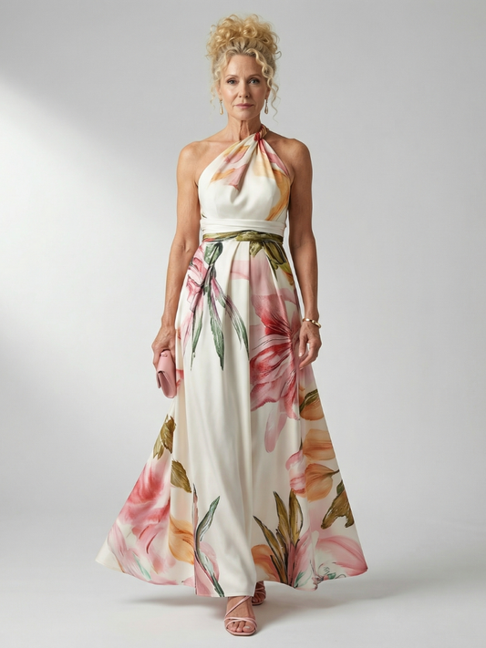 Floral halter maxi dress with pink-and-green print, gathered waist and full skirt