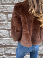 Brown faux-fur warm coat jacket, textured sleeves and stand collar