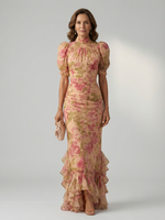 Floral soft high-neck maxi dress with puff sleeves and ruffled hem, fitted waist