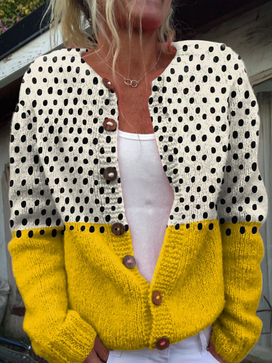Yellow-and-white polka-dot button cardigan with yellow knit trim and ribbed cuffs