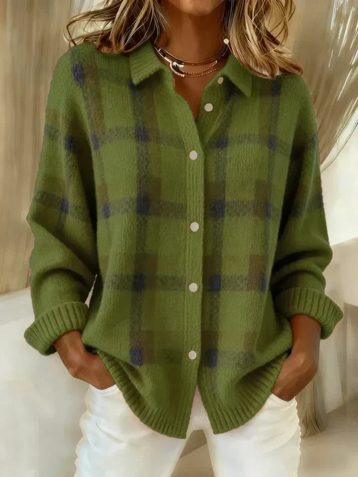 Green plaid knit cardigan with button front, collared V-neck, long sleeves, ribbed cuffs