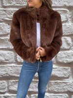 Brown faux-fur warm coat with full zip and stand collar