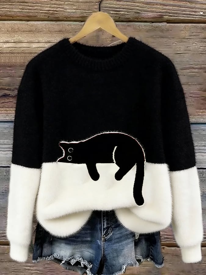 Black cat print fuzzy sweater with white cuffs and hem