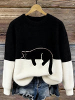 Black cat print fuzzy sweater with white cuffs and hem
