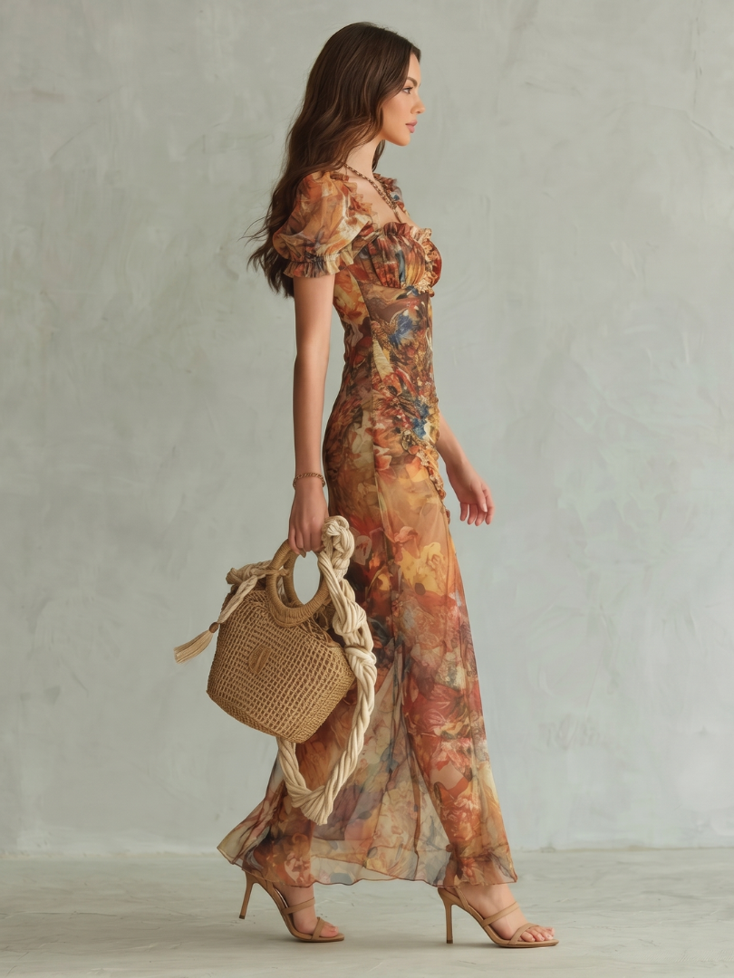 Multicolor ruched midi dress with ruffled sleeves and side slit, shown from the side.