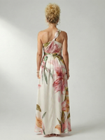 Back view of pink floral halter maxi dress with crisscross open-back straps