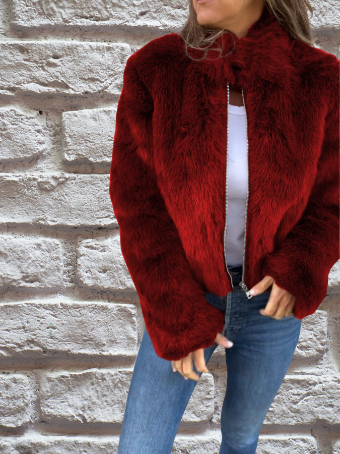 Red faux-fur warm coat with full zip and stand collar