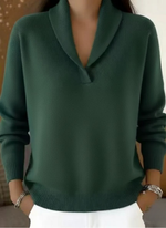 Green V-neck knit sweater with ribbed hem and cuffs