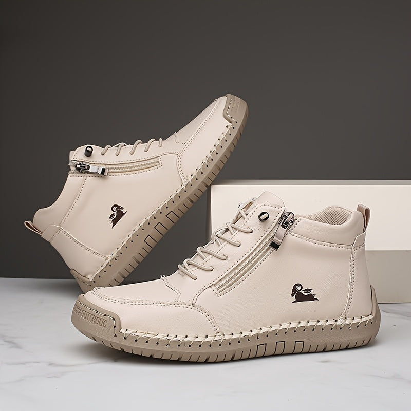 Ivory ergonomic support sneaker with lace-up front, side zipper, and textured rubber sole