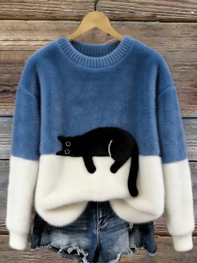 Blue cat print fuzzy sweater with white cuffs and hem
