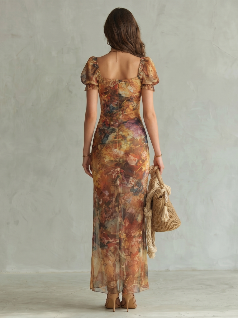 Multicolor midi dress with ruffled sleeves and side slit, back view.