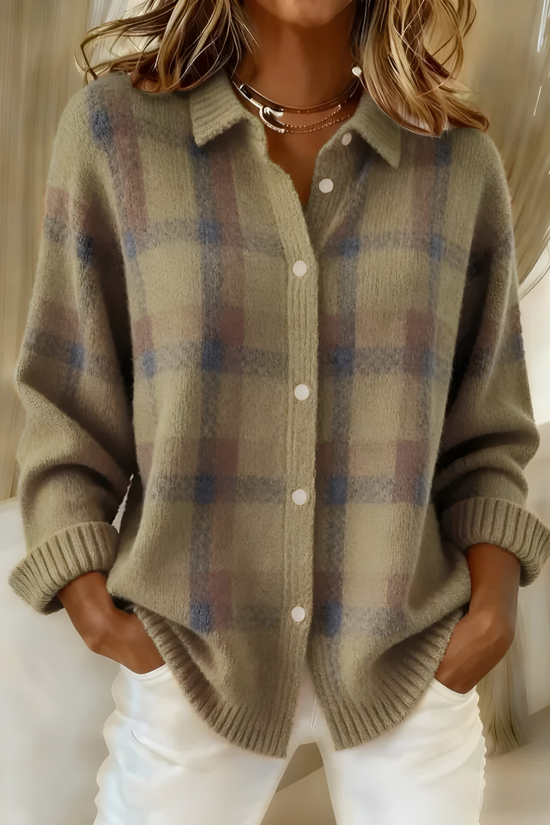Olive green plaid knit cardigan with button front, collared V-neck, long sleeves, ribbed cuffs