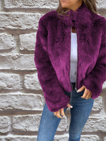 Purple faux-fur warm coat with full zip and stand collar