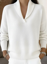 White V-neck knit sweater with ribbed hem and cuffs