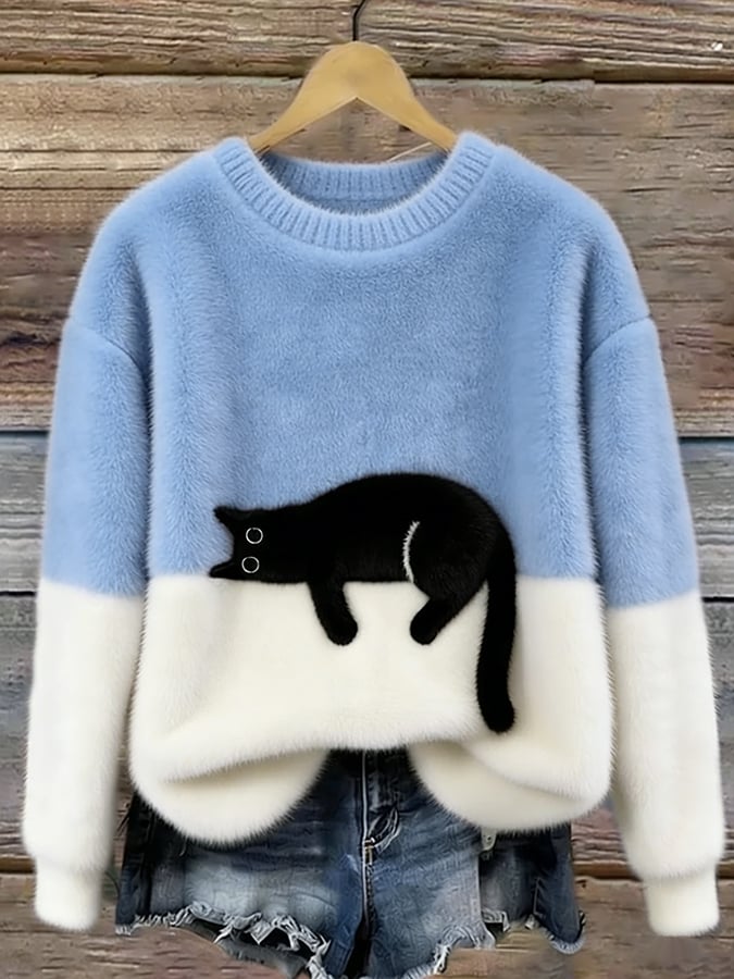 Light blue crewneck cat print sweater with white cuffs and hem