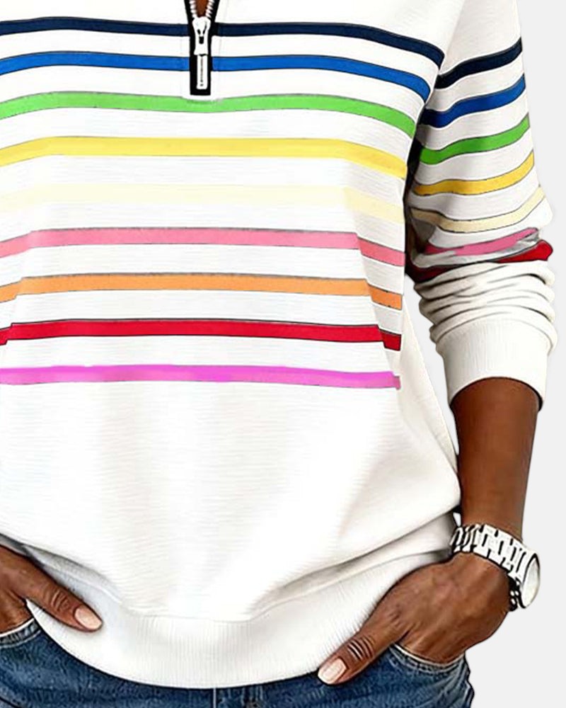White quarter-zip sweatshirt with rainbow horizontal stripes and long striped sleeves