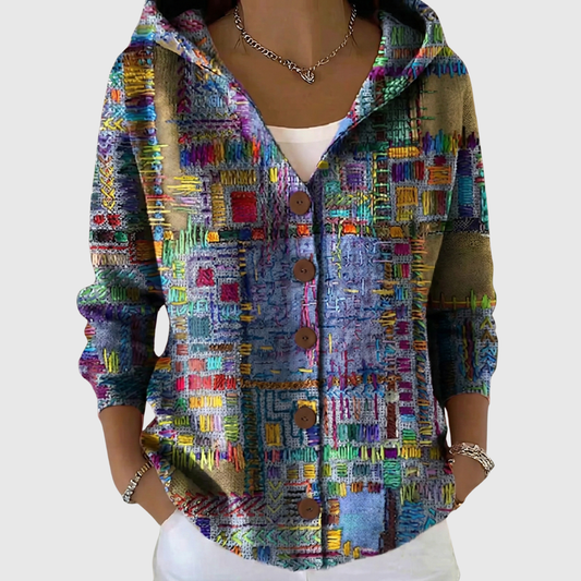 Hooded knit jacket with multicolor abstract print and button-front