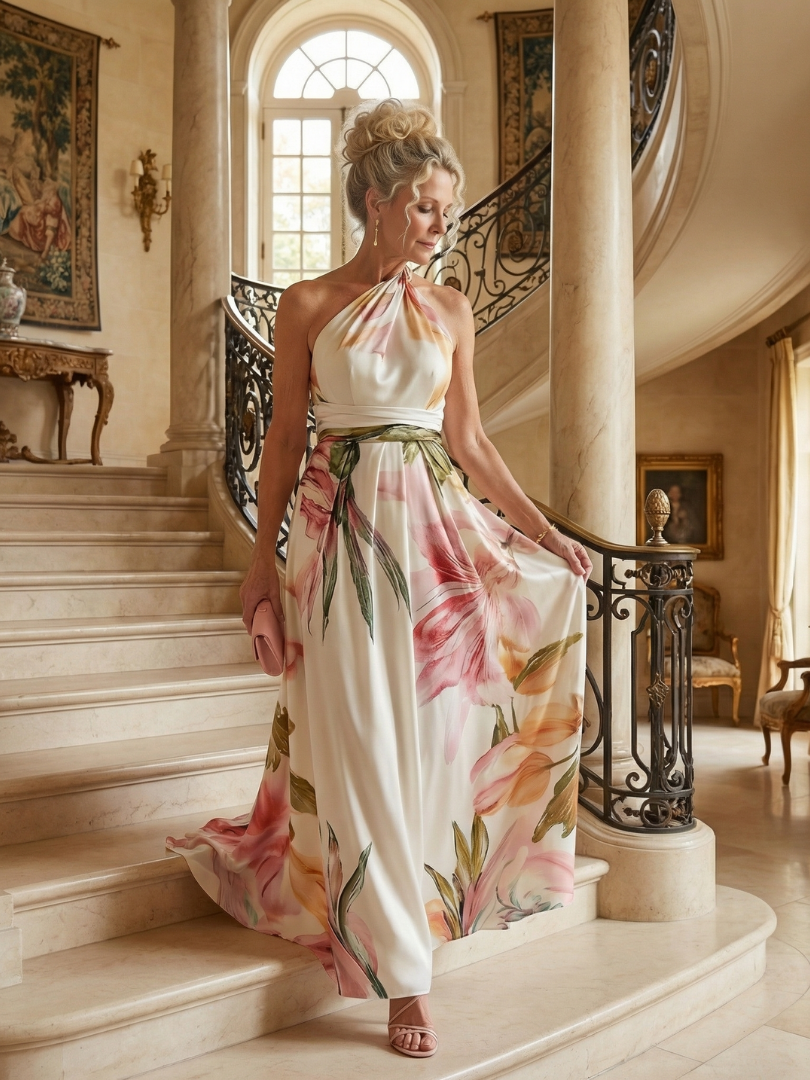 Floral halter maxi dress in white and pink with sleeveless draped bodice