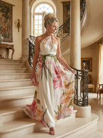 Floral halter maxi dress in white and pink with sleeveless draped bodice