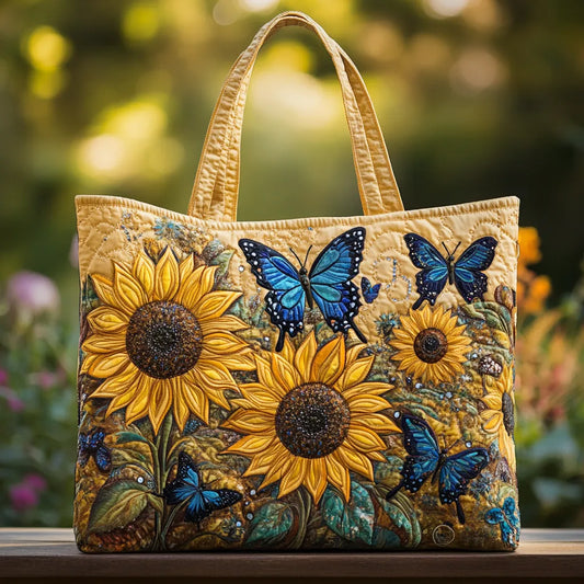 Handcrafted tote bag with sunflower print and blue butterflies, beige fabric, stitched handles