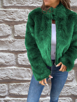 Green faux-fur warm coat with full zip and stand collar