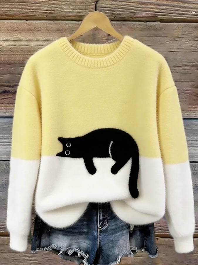 Yellow cat print fuzzy sweater with white cuffs and hem
