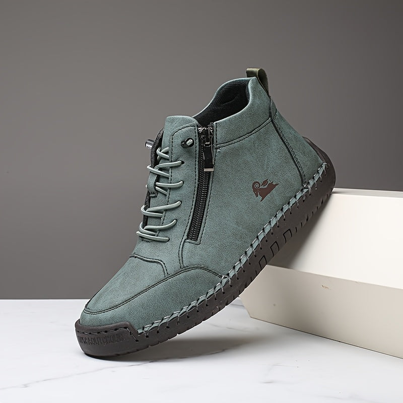 Dark green ergonomic support sneaker with lace-up front, side zipper, and stitched sole