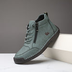 Dark green ergonomic support sneaker with lace-up front, side zipper, and stitched sole