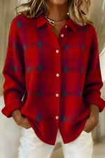 Red plaid knit cardigan with button front, collared V-neck, long sleeves, ribbed cuffs