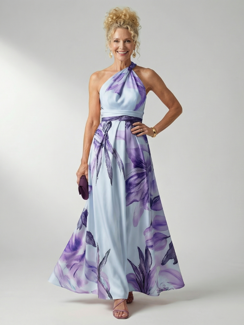 Floral halter maxi dress in lavender and light blue with tie neck and flowing skirt
