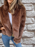 Brown faux-fur warm coat with visible front zipper and stand collar