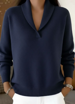 Navy V-neck knit sweater with ribbed hem and cuffs