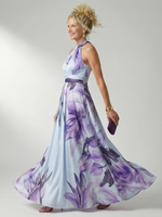 Lavender floral halter maxi dress, side view with tie neck, belted waist and skirt