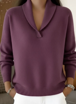 Purple V-neck knit sweater with ribbed hem and cuffs