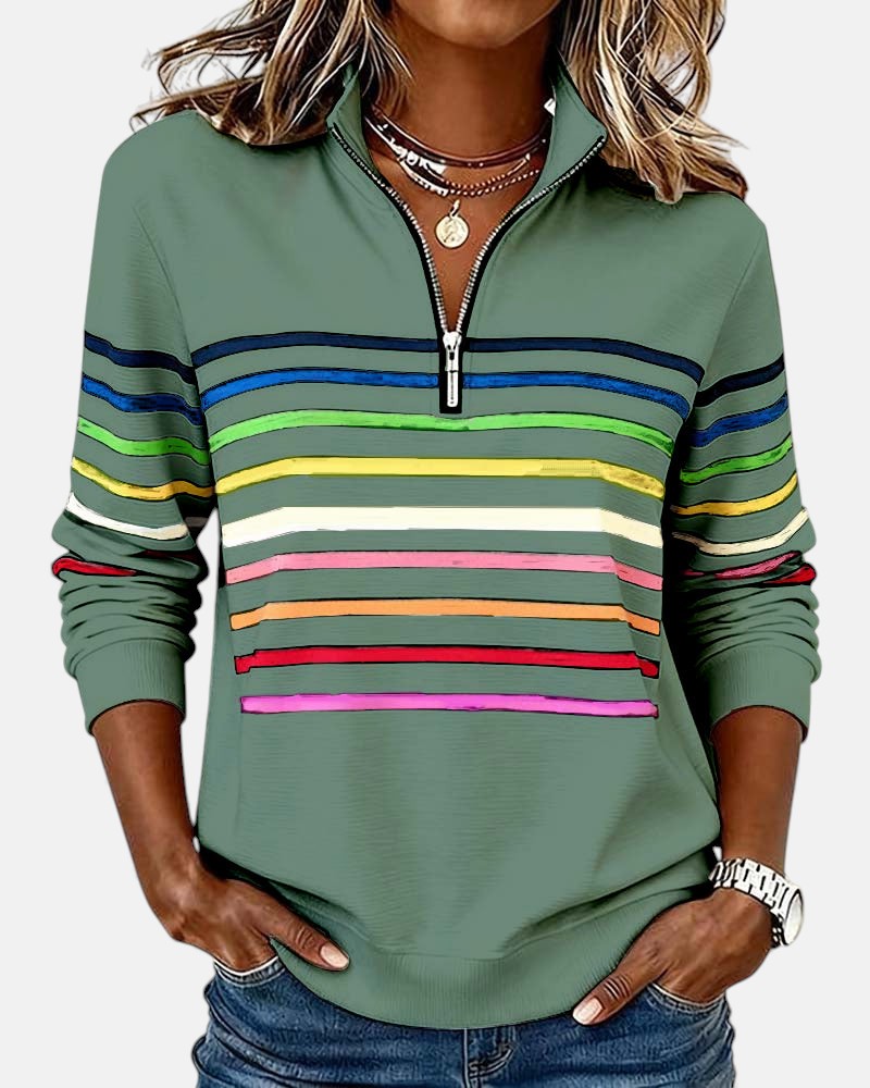 Green rainbow-striped quarter-zip sweatshirt with ribbed cuffs and hem