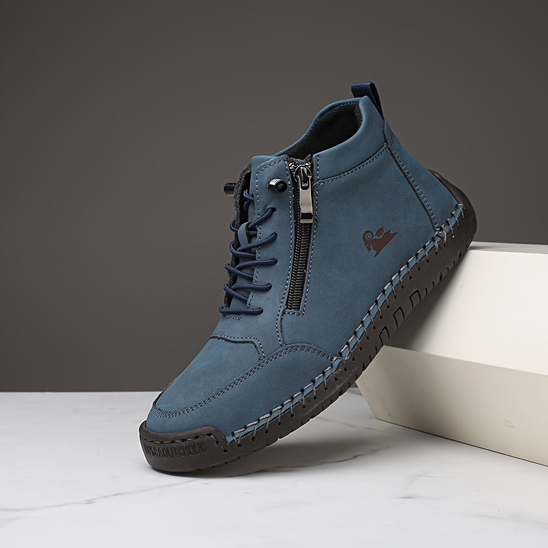 Blue ergonomic support sneaker with lace-up front, side zipper, and brown outsole edge