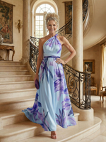 Floral halter maxi dress in light blue and purple, sleeveless draped bodice