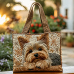 Yorkshire terrier applique tote bag with quilted beige and brown fabric and top handles