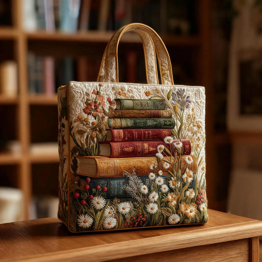 Quilted tote bag with floral-and-books print, cream background, top handles