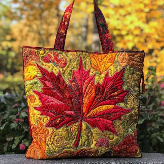 Artisan tote bag with large maple leaf embroidery, multicolor with top handles